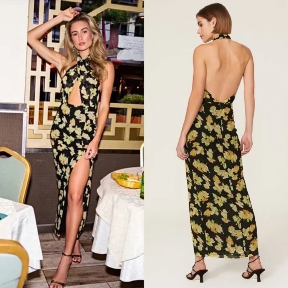 DE LA VALI‎ Rita Maxi Dress Floral Chiffon Twist Front Halter Neck Cutout Gown